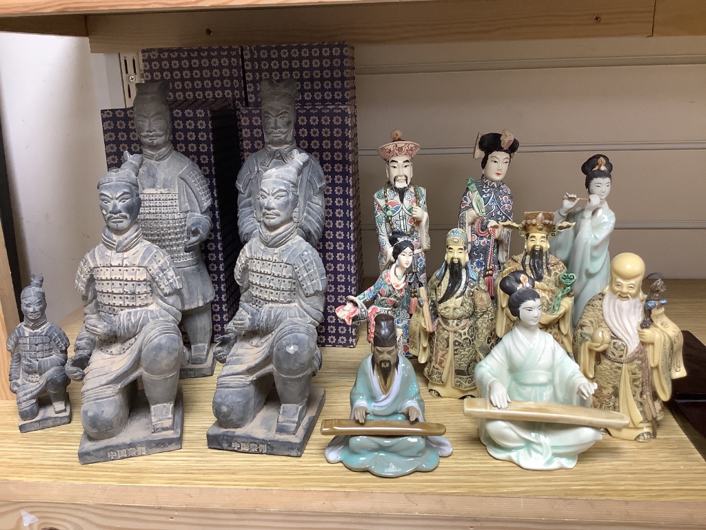 A group of Chinese mixed ceramic, resin and terracotta figures, tallest 27cm
